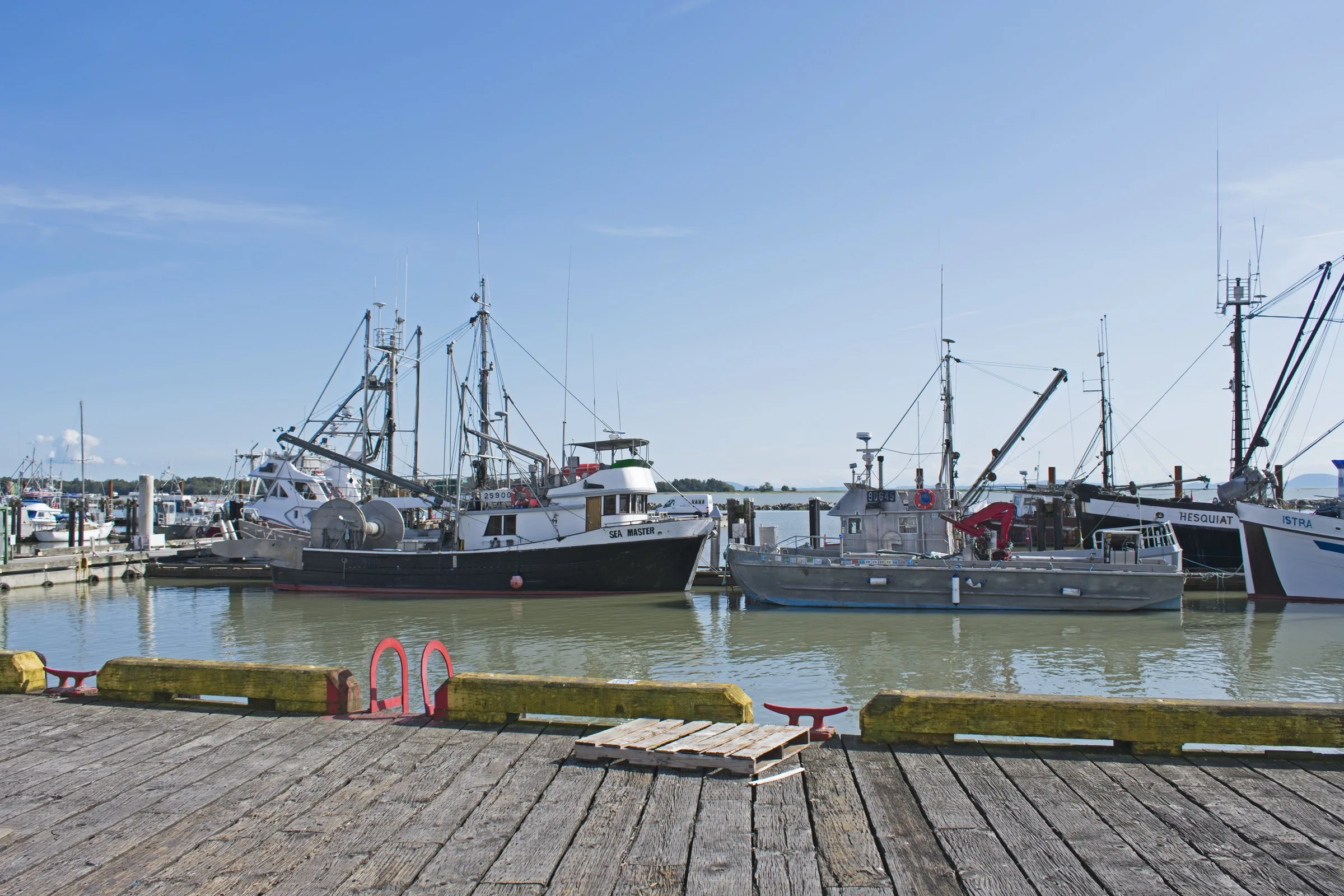 Fishing boats moored at the wooden wharf of Steveston Harbour in Richmond on a sunny day.